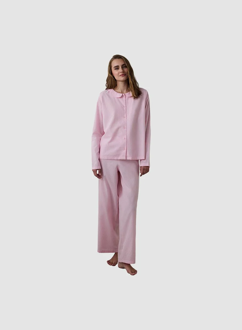 بنتي Striped Tie Detail Shirt Collar Pajama Set